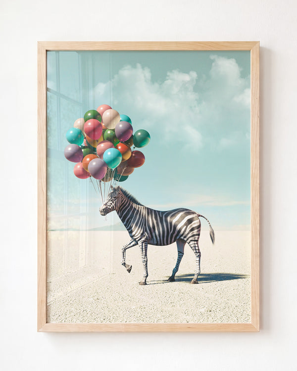 Zebra with Balloons Art Print - Framed Art