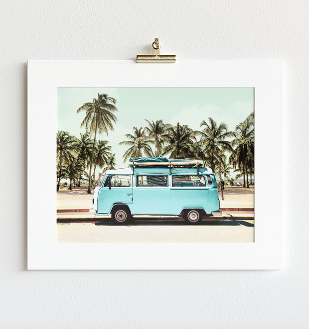 Blue VW Bus with Palm Trees - Horizontal