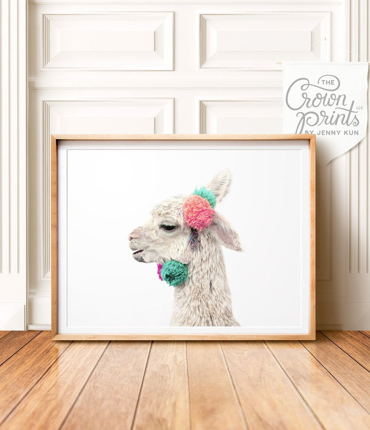 Decorated Llama (white background, landscape orientation) - The Crown Prints