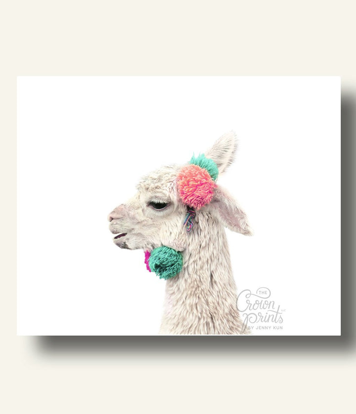 Decorated Llama (white background, landscape orientation) - The Crown Prints