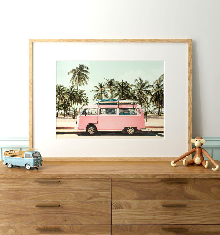 Pink VW Bus Love - horizontal wall art - The Crown Prints
