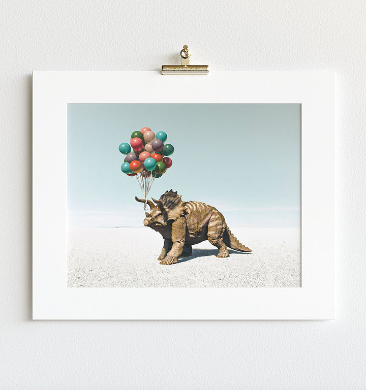 Triceratops with Balloons Horizontal Art Print