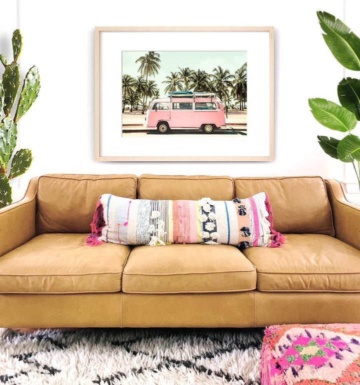 Pink VW Bus Love - horizontal wall art - The Crown Prints