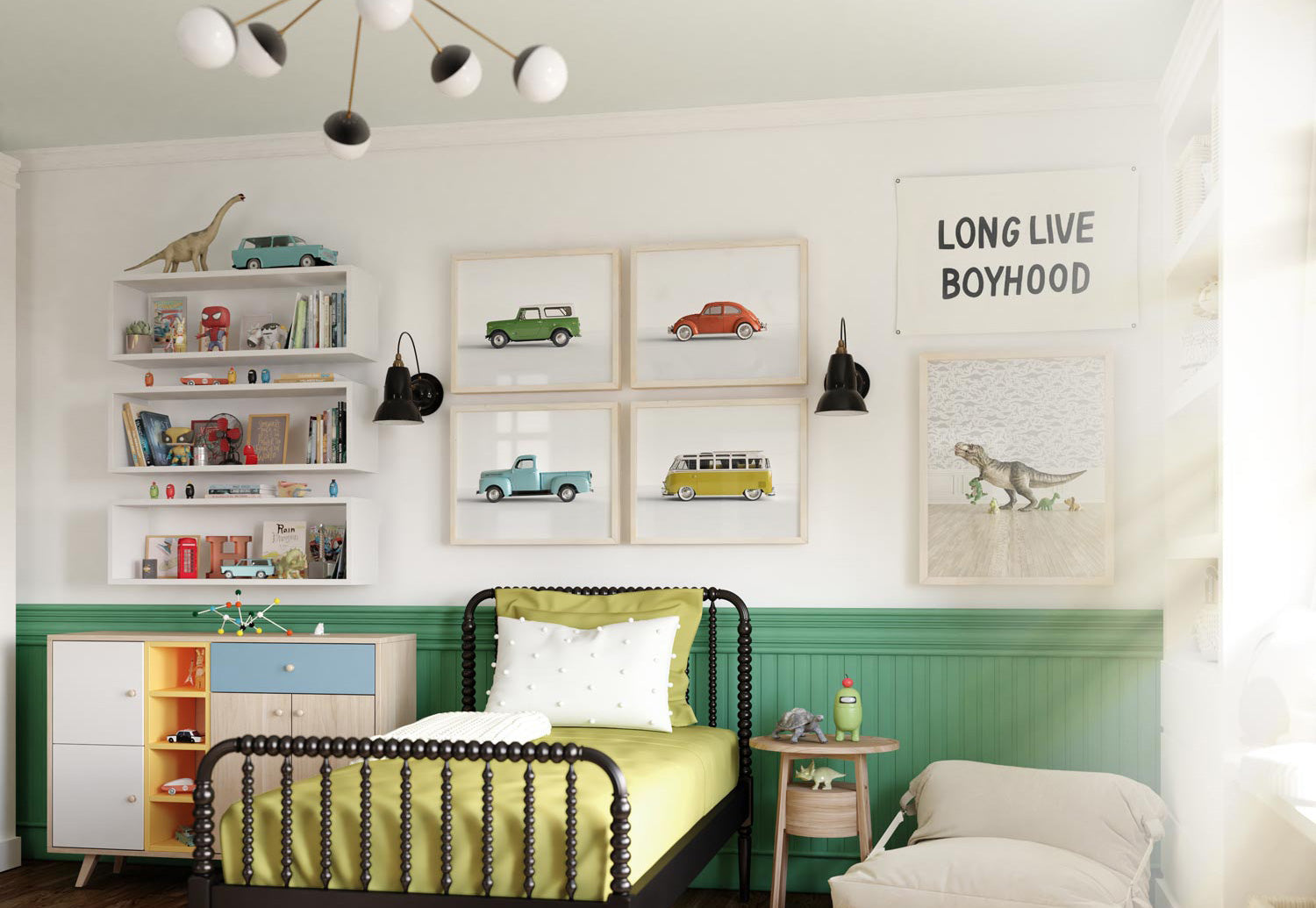 Young boy's room with a Jenny Lind style black bed, green wainscoting, and 4 framed prints of vintage model cars in candy colors