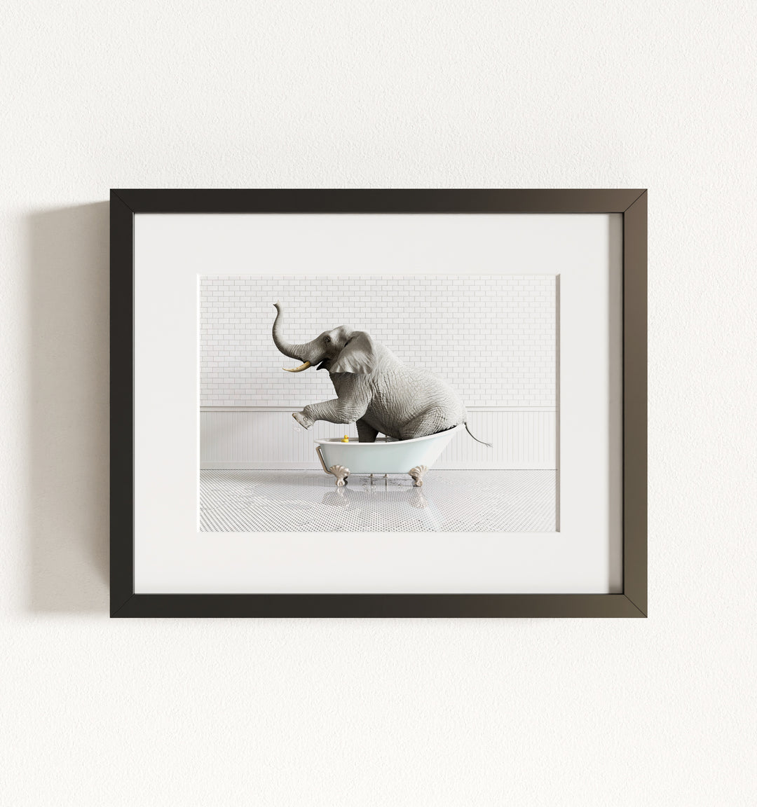 Elephant in Blue Bathtub Framed Art