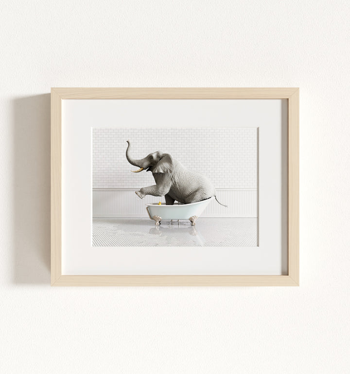Elephant in Blue Bathtub Framed Art