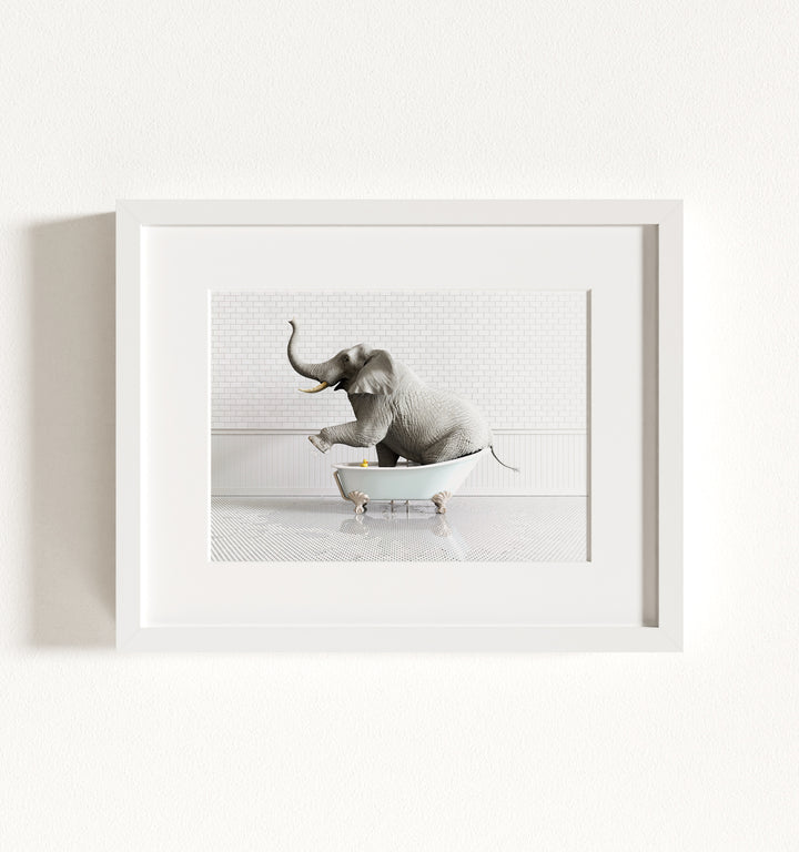 Elephant in Blue Bathtub Framed Art