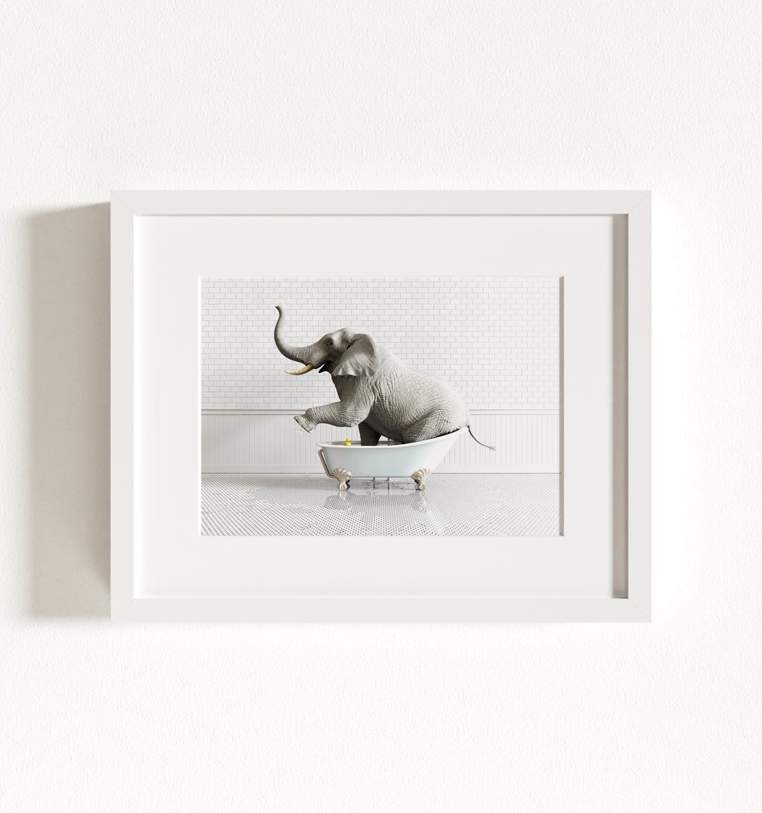 Elephant in Blue Bathtub Framed Art