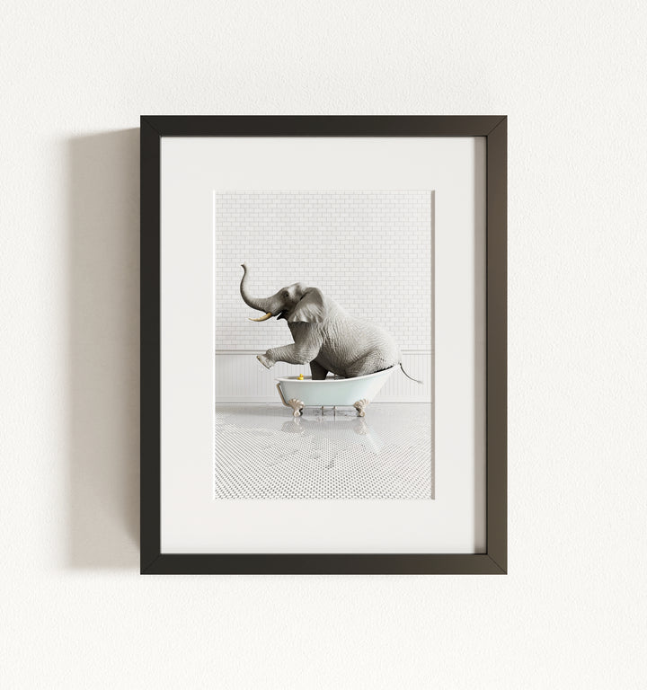 Elephant in Blue Bathtub Framed Art
