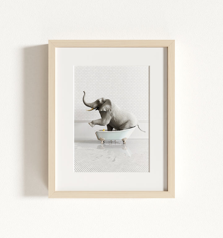 Elephant in Blue Bathtub Framed Art