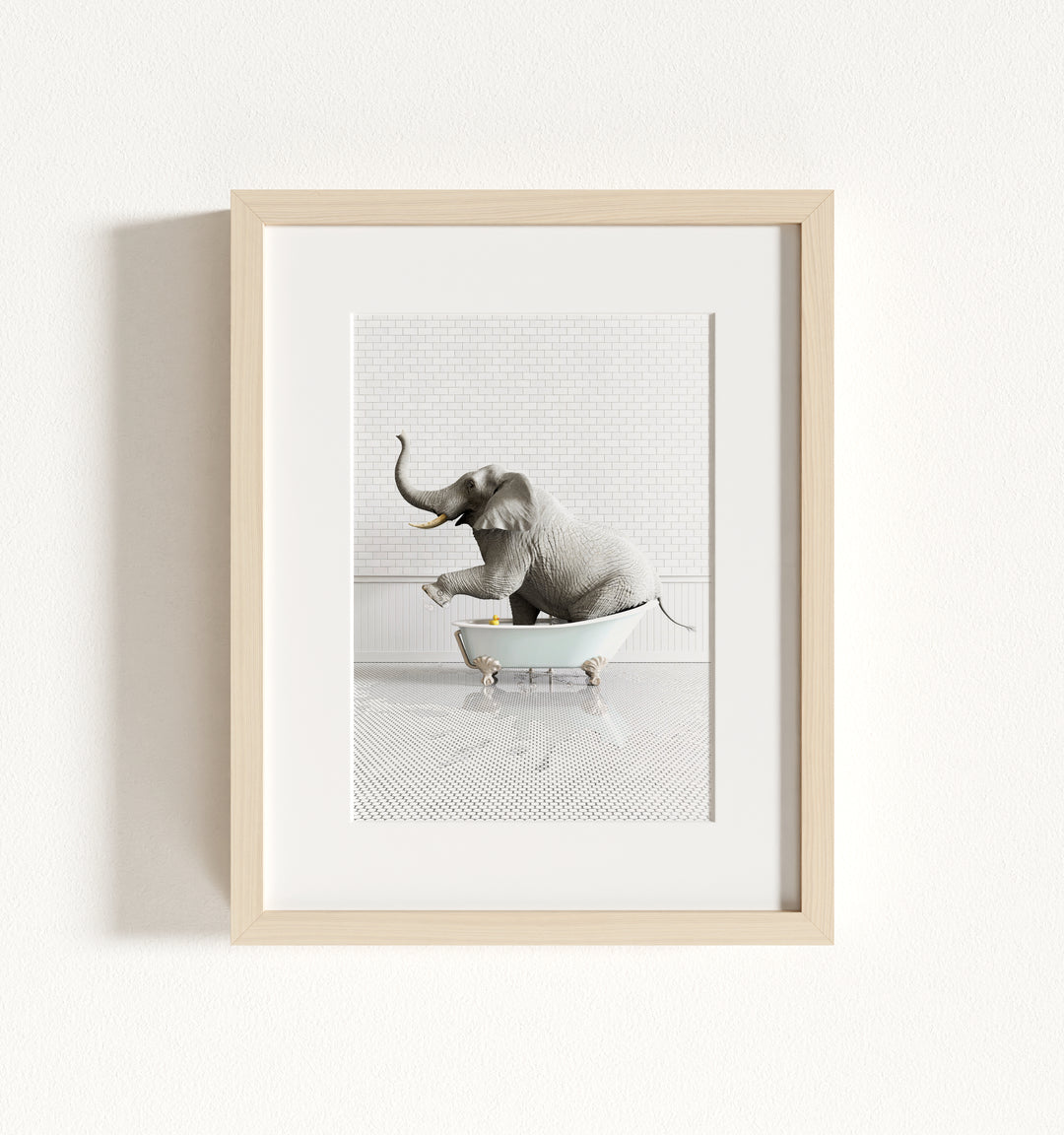 Elephant in Blue Bathtub Framed Art