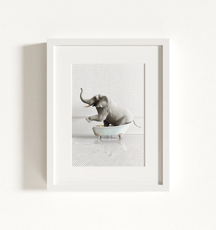 Elephant in Blue Bathtub Framed Art