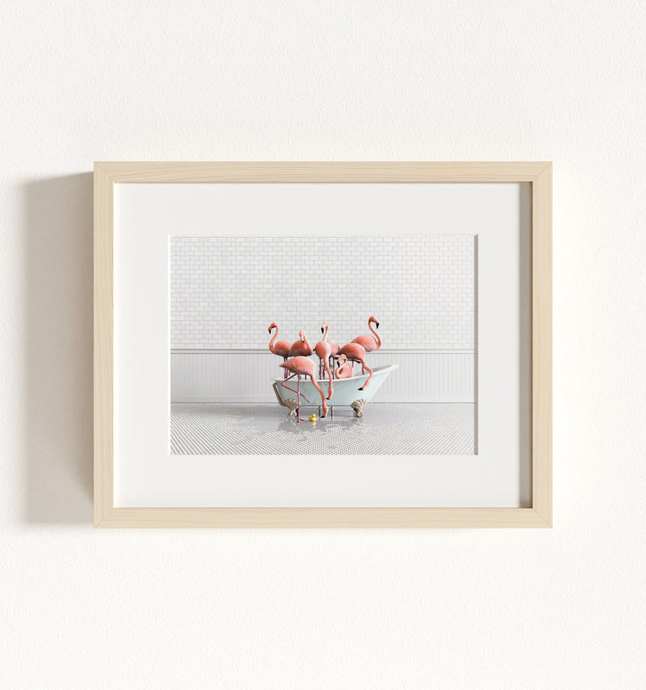 Flamingos in Blue Bathtub Framed Art