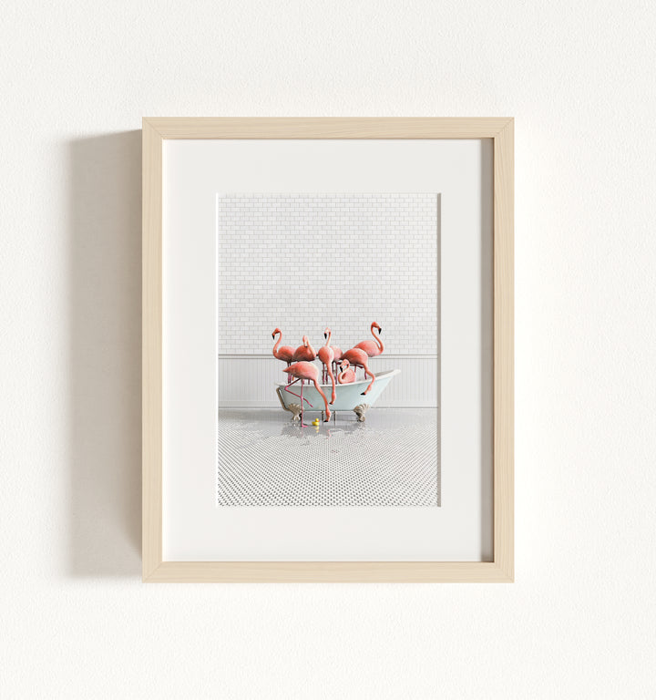 Flamingos in Blue Bathtub Framed Art
