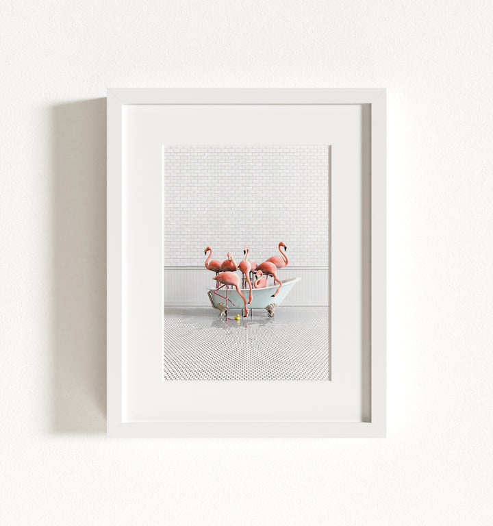 Flamingos in Blue Bathtub Framed Art