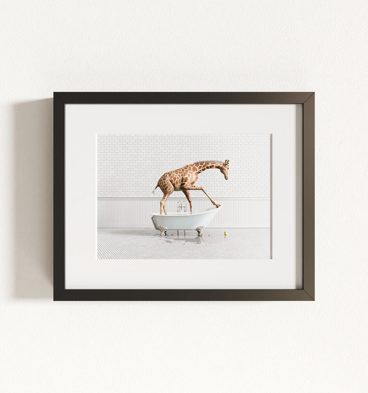 Giraffe in Blue Bathtub Framed Art