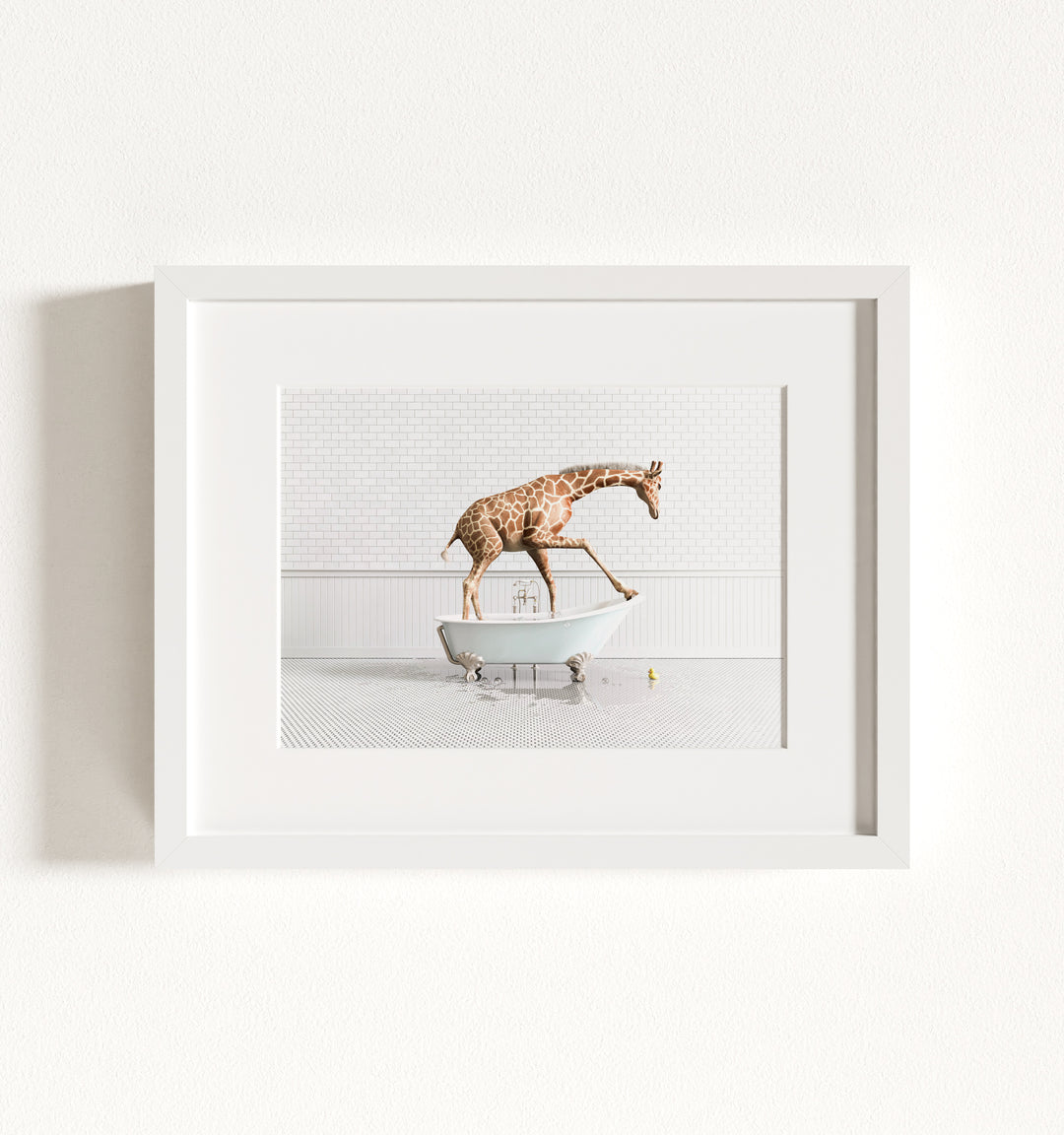 Giraffe in Blue Bathtub Framed Art