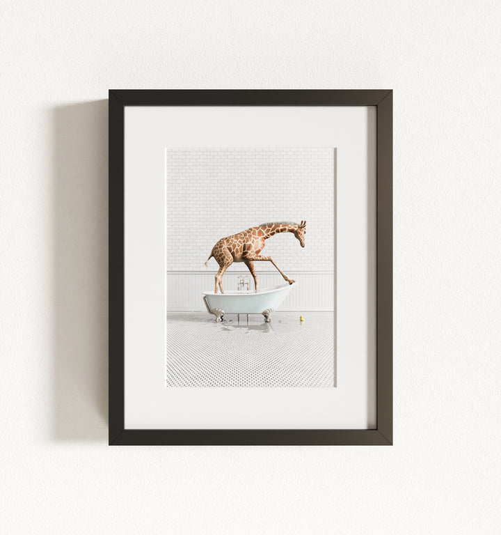 Giraffe in Blue Bathtub Framed Art