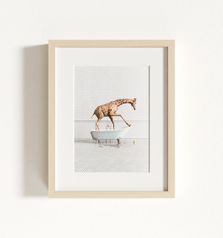 Giraffe in Blue Bathtub Framed Art
