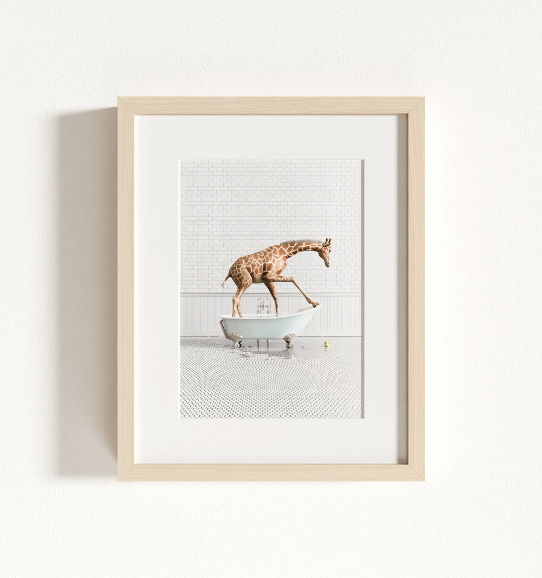Giraffe in Blue Bathtub Framed Art