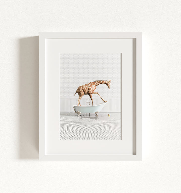 Giraffe in Blue Bathtub Framed Art