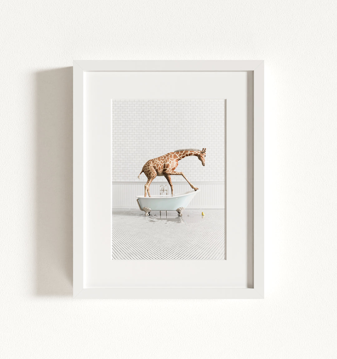 Giraffe in Blue Bathtub Framed Art