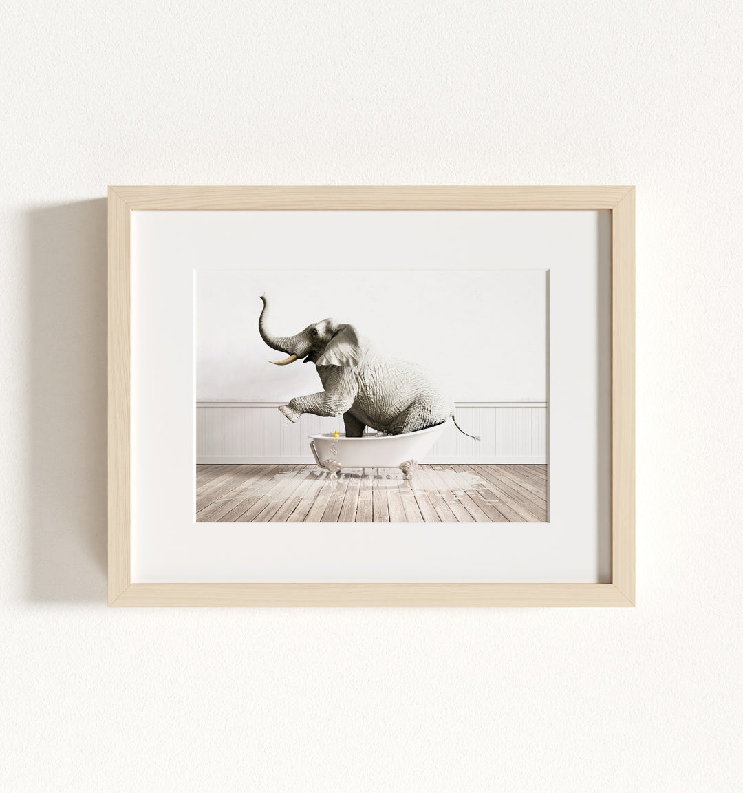 Elephant in White Bathtub Framed Art