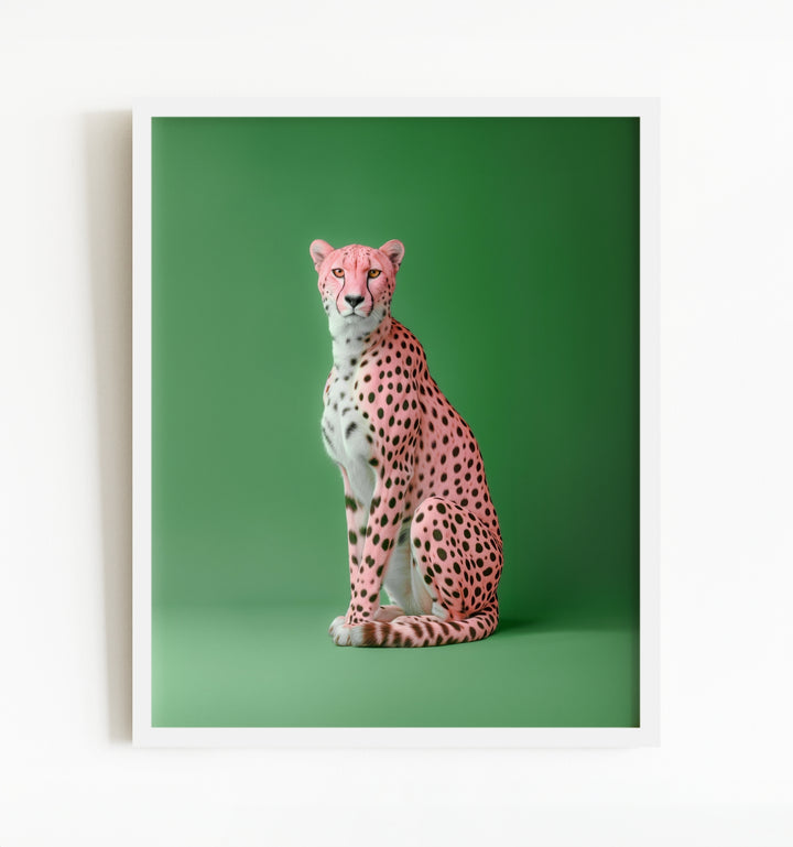 Portrait of a Pink Cheetah on Green Wall Art Print