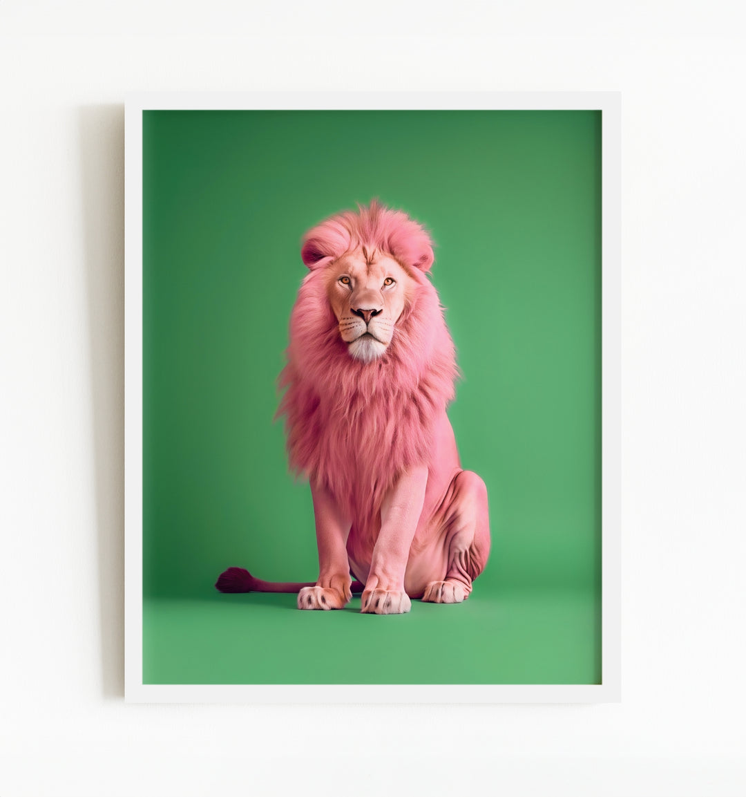 Portrait of a Pink Lion on Green Wall Art Print