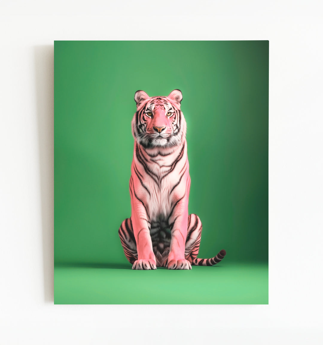 Portrait of a Pink Tiger on Green Wall Art Print