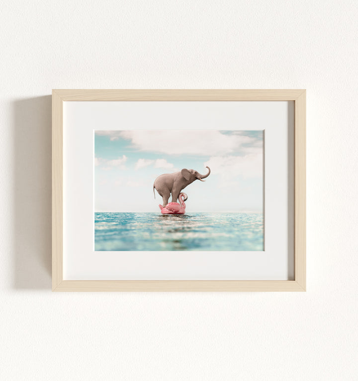Elephant Afloat a Flamingo Framed Art