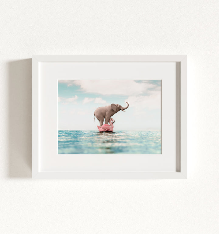 Elephant Afloat a Flamingo Framed Art