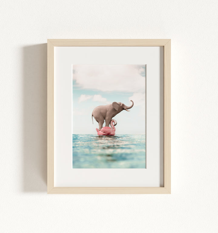 Elephant Afloat a Flamingo Framed Art