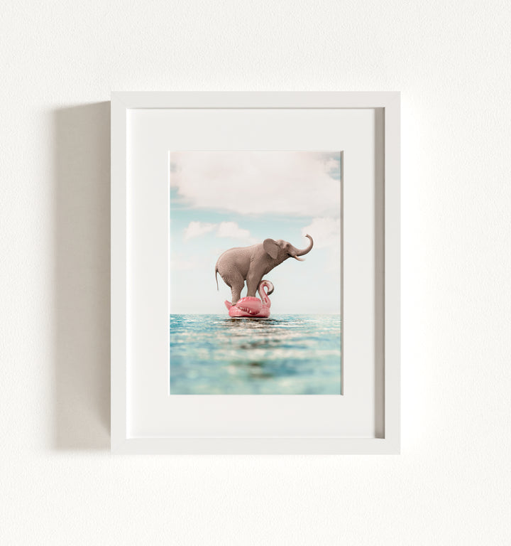 Elephant Afloat a Flamingo Framed Art
