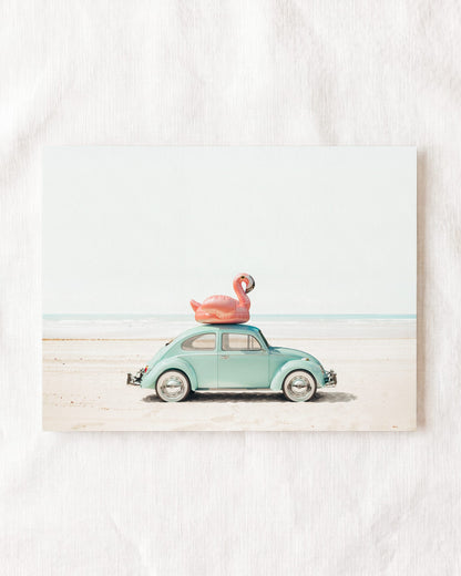 A Beetle and a Flamingo at the Beach Horizontal
