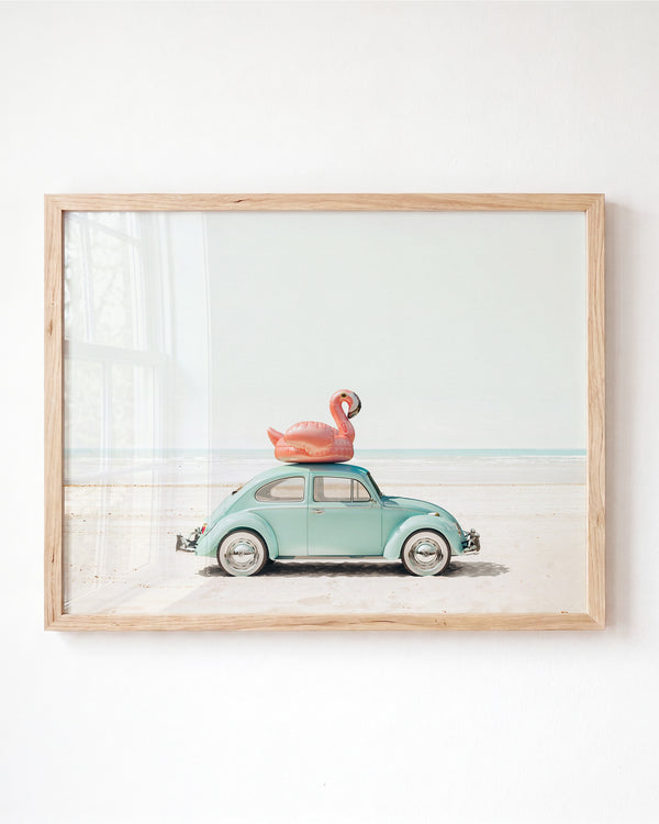 A Beetle and a Flamingo at the Beach Horizontal – Framed