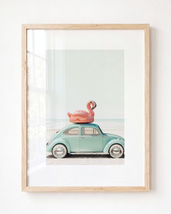A Beetle and a Flamingo at the Beach Horizontal