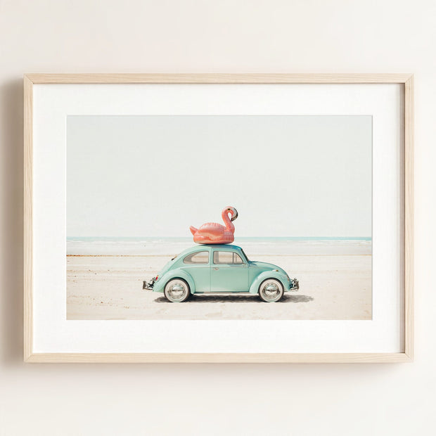 A Beetle and a Flamingo at the Beach Horizontal