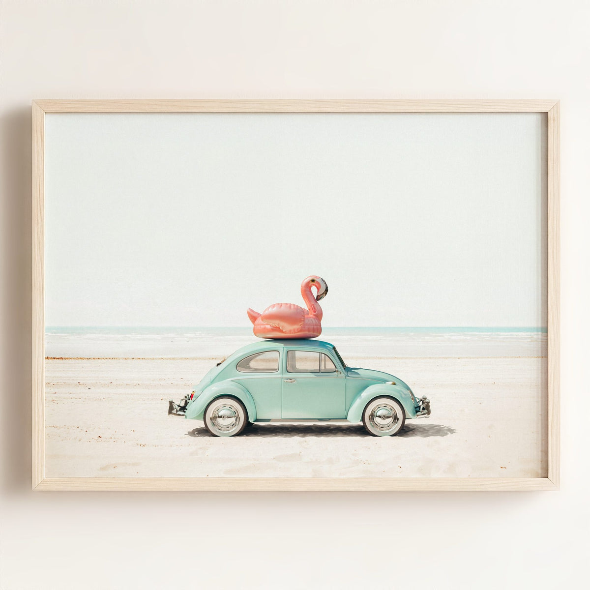 A Beetle and a Flamingo at the Beach Horizontal — Framed