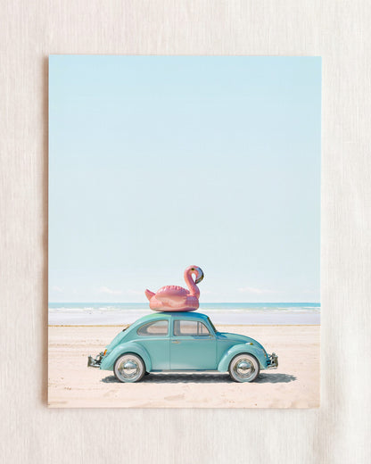 A Beetle and a Flamingo at the Beach