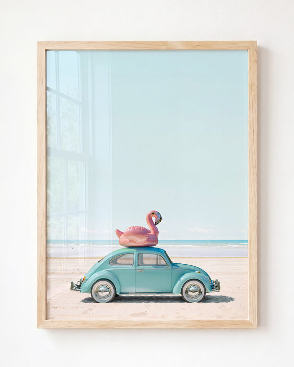 A Beetle and a Flamingo at the Beach - Framed Art