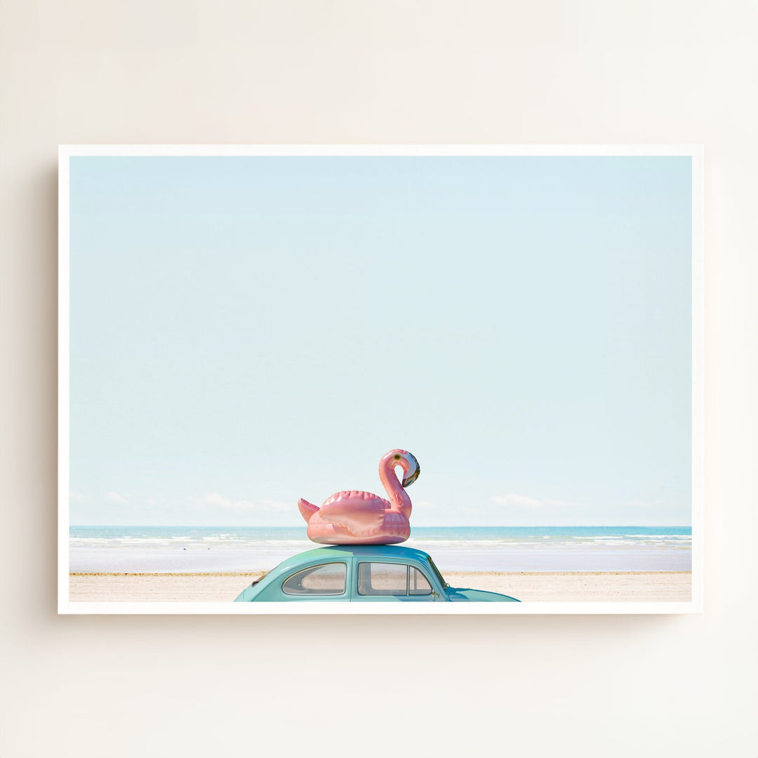 A Beetle and a Flamingo at the Beach