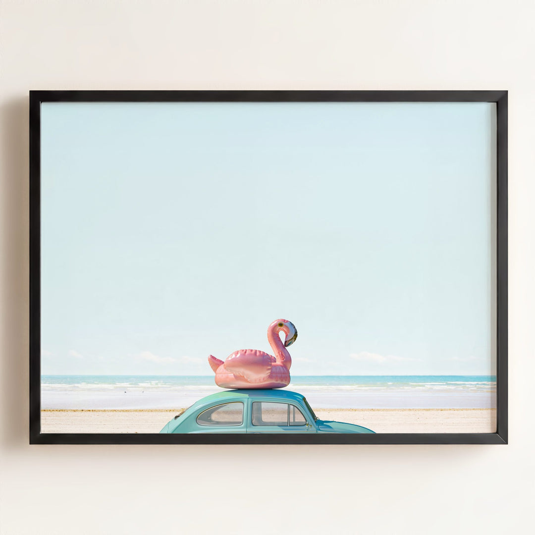 A Beetle and a Flamingo at the Beach
