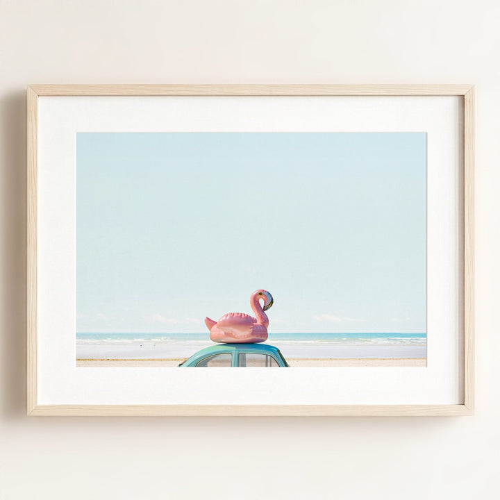 A Beetle and a Flamingo at the Beach