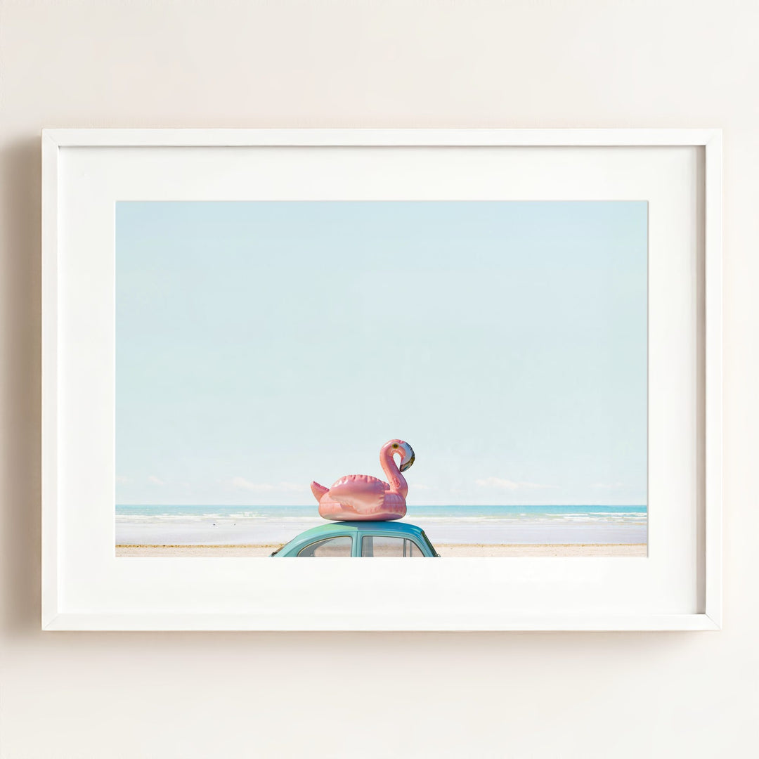 A Beetle and a Flamingo at the Beach