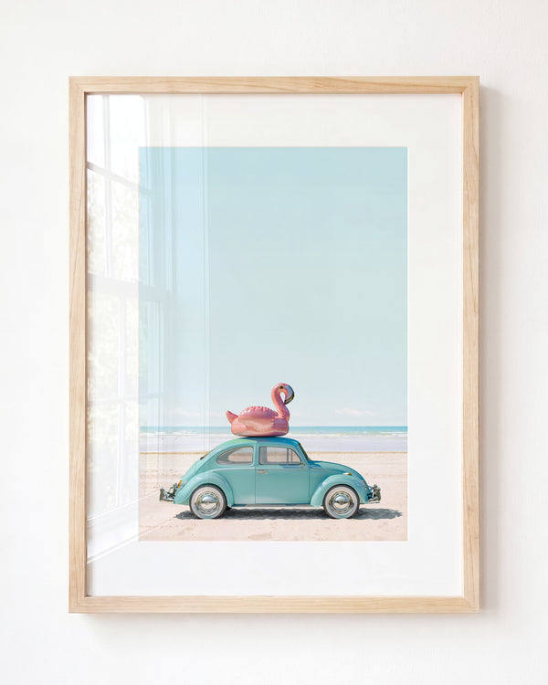 A Beetle and a Flamingo at the Beach