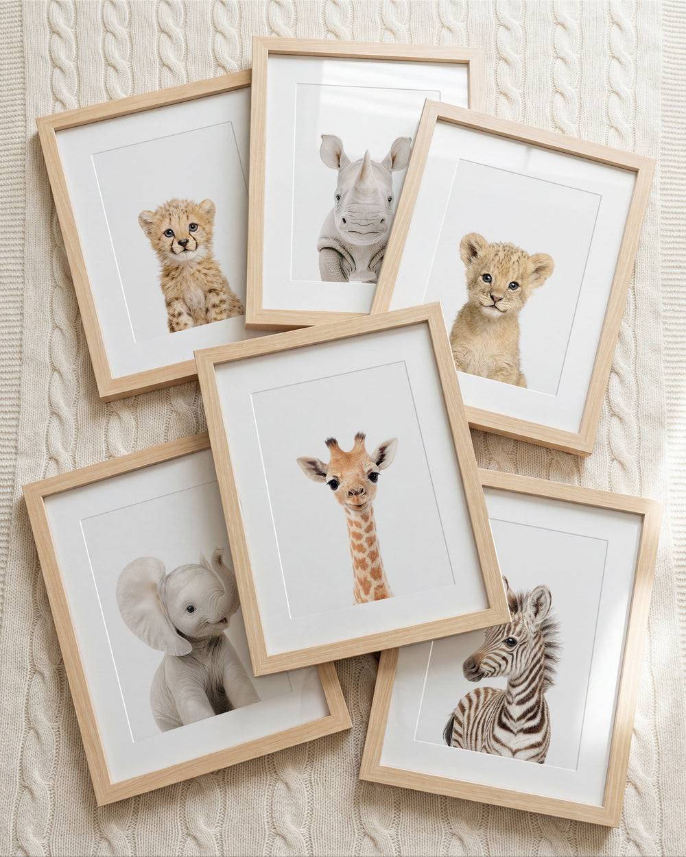 Set of framed prints featuring baby safari animals on a white background | The Crown Prints