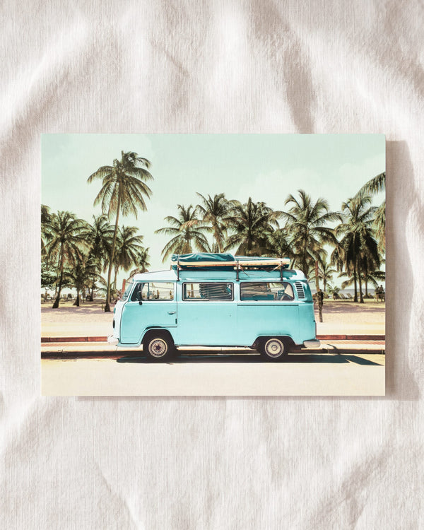 Blue VW Bus with Palm Trees
