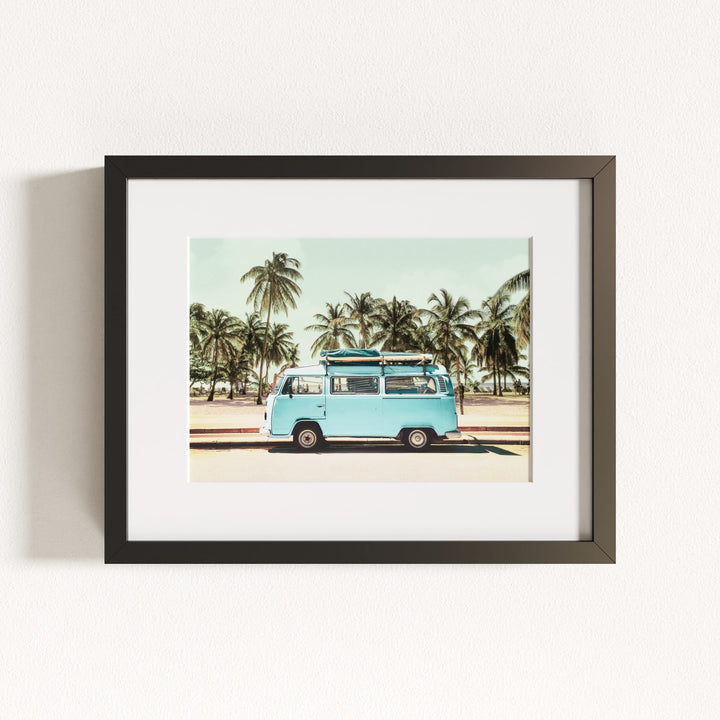 Blue VW Bus with Palm Trees