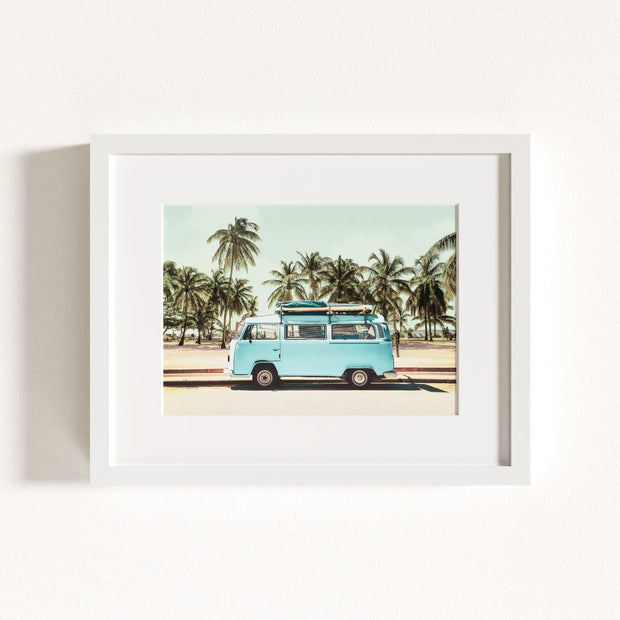 Blue VW Bus with Palm Trees